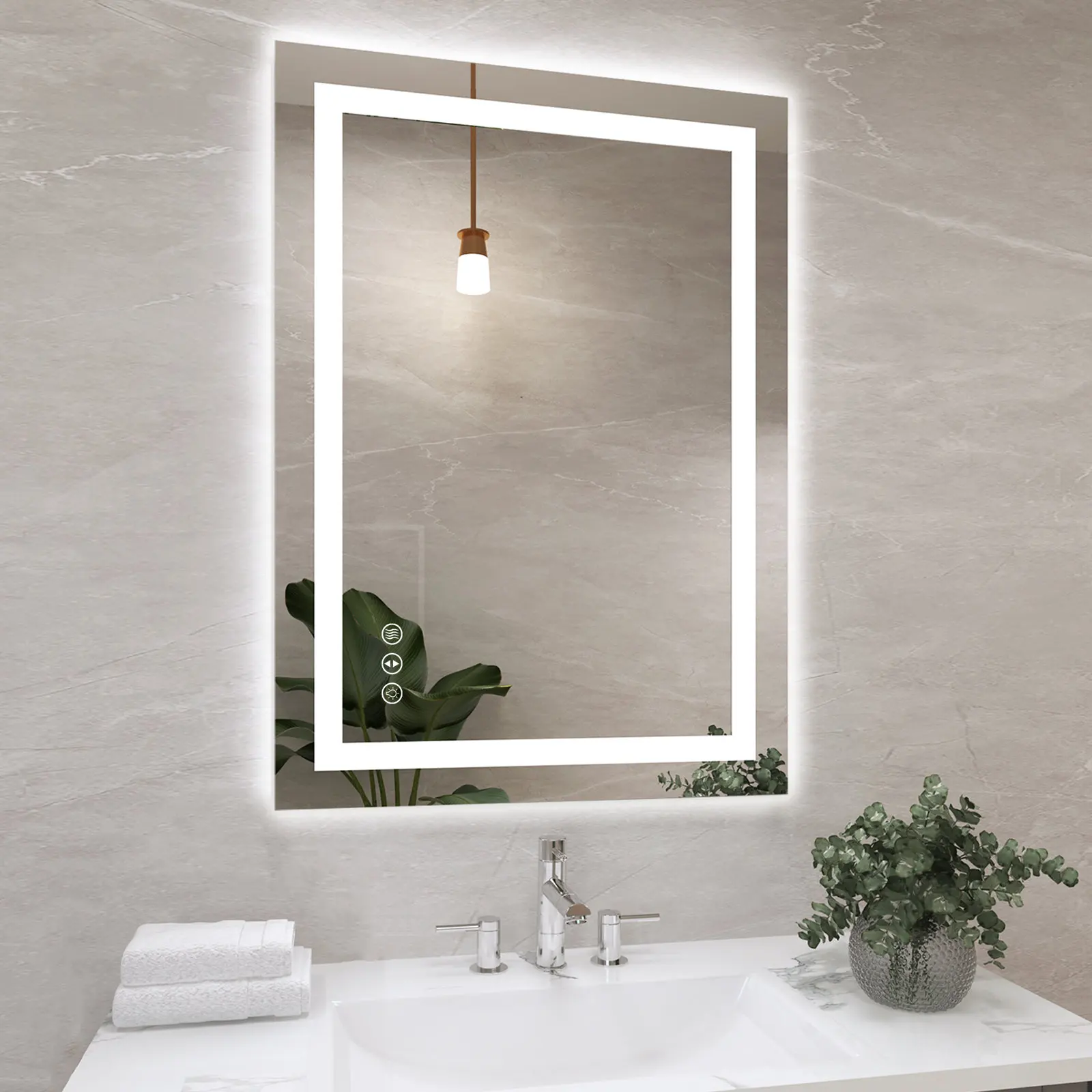Wholesale touch screen rectangle bath mirror smart LED light induction bluetooth antifogging bathroom mirror