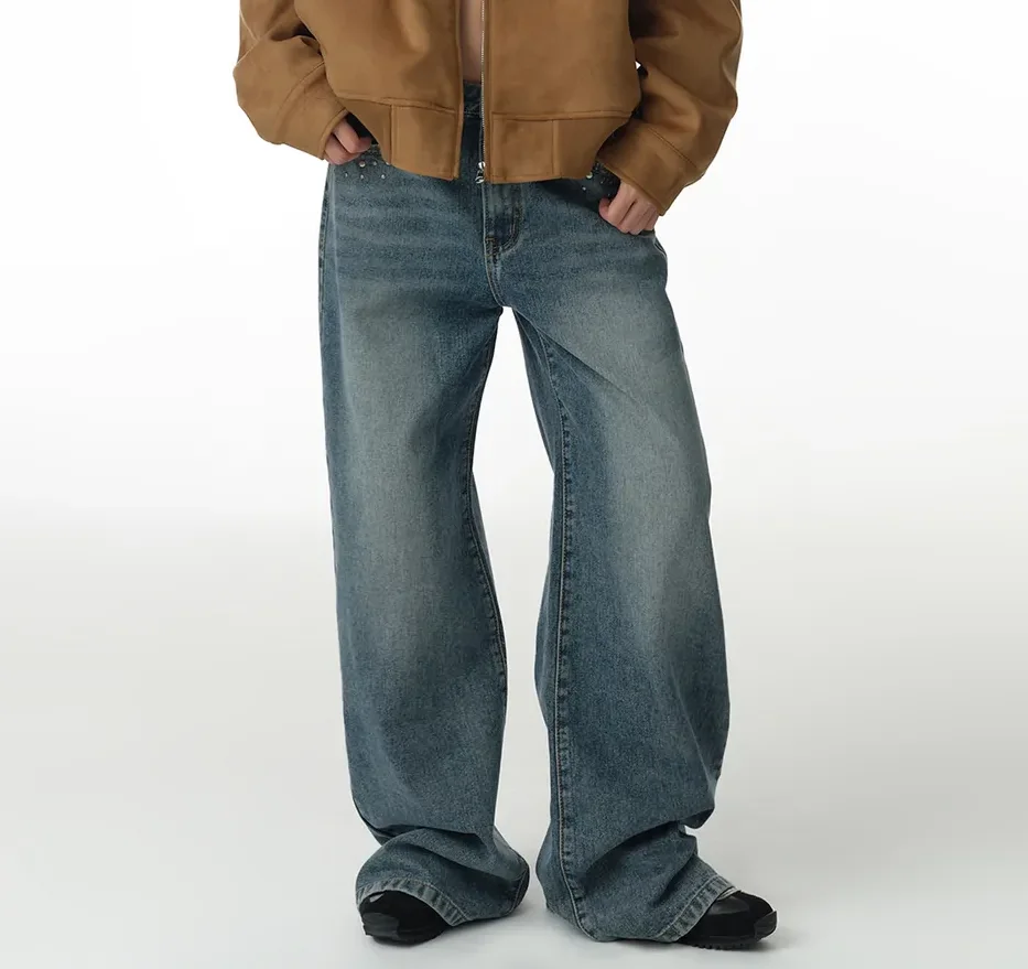 MILLO WOMEN Stud Wide Jeans [Blue] S M Korean fashion Trending products 2024 new arrivals wholesale clothes