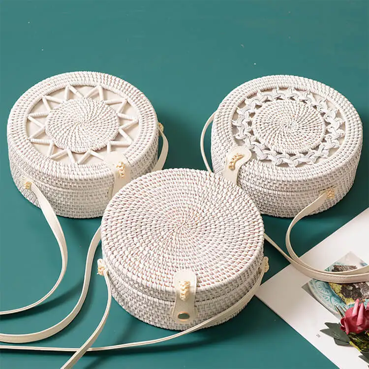 White round Wicker Rattan Beach Bag Custom Pattern Handmade Crossbody Shoulder for Women Natural Vietnam Handbags for Summer