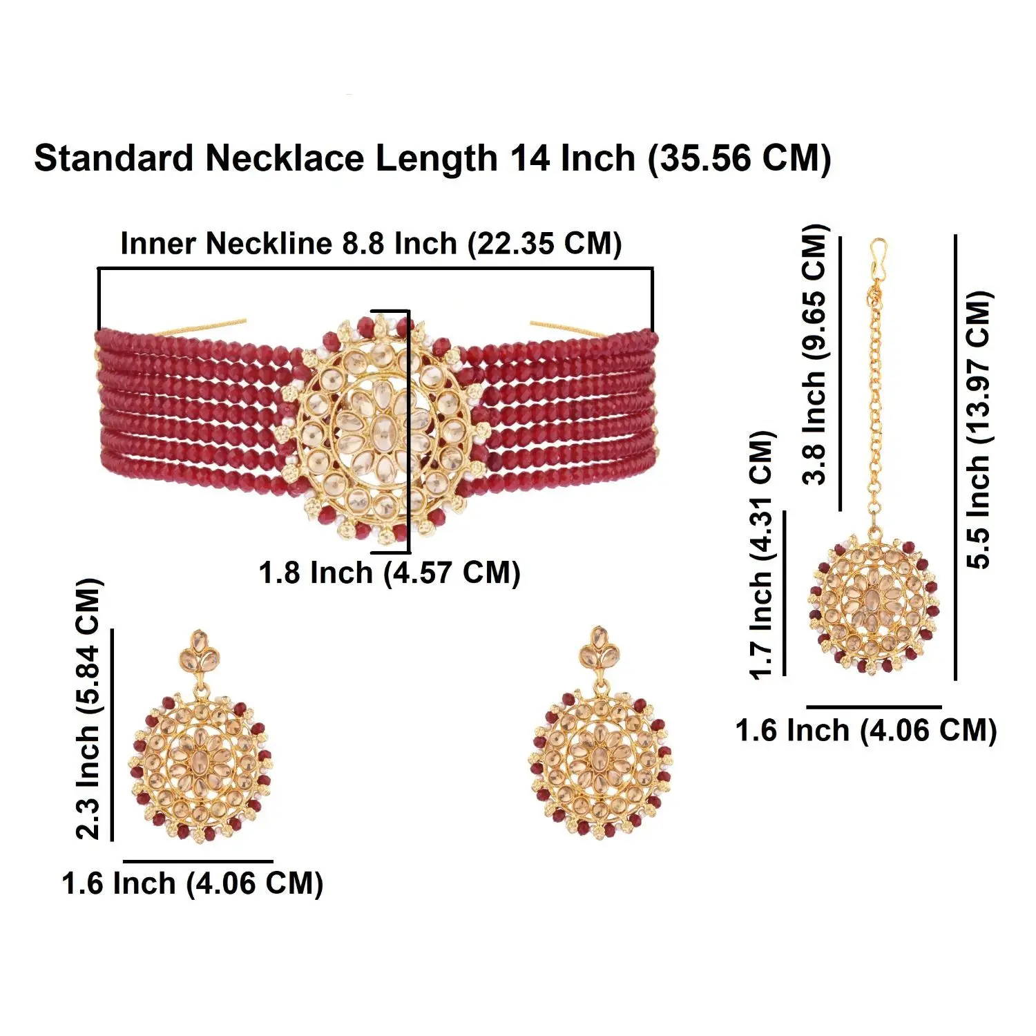 Indian Bridal Choker Necklace Faux Pearl Beaded Crystal Kundan Necklace Earrings Mang Tikka Set, Maroon