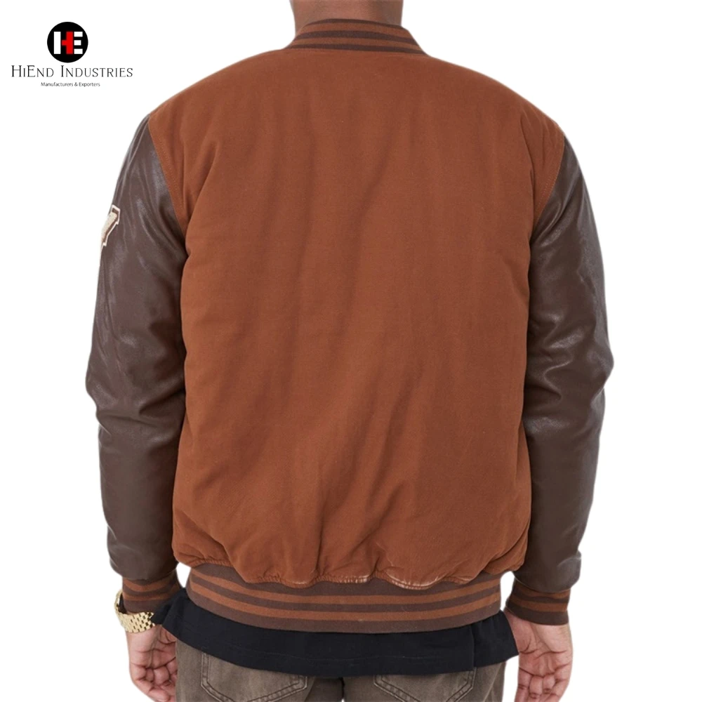 OEM Custom Leather Sleeved Varsity Jacket Embroidered Logo Classic Letterman Bomber Design Front Slash Pockets for Men