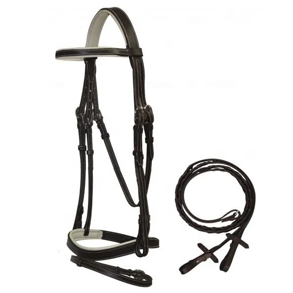 HORSE LEATHER SHOW BRIDLE FANCY WHITE STITCHING  SOFTY PADDED ON BROBAND & NOSEBAND WITH WEB REIN