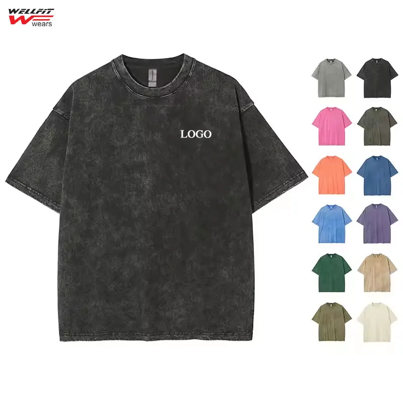Wholesale 100 Cotton Acid Wash Oversized Tshirt 250Gsm Heavyweight T Shirt for Men Custom Blank Vintage T Shirt