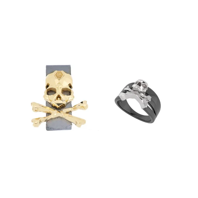 High Quality Gift Set Moneyclip And Ring Skull Punk Design Style Made In Italy Italian Handmade Jewels Unisex