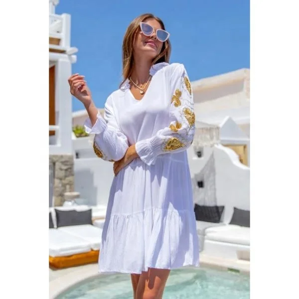 2022 Exclusive White And Golden Women Summer Beach Dress Intricate Handmade Sequin Heart Motif Mini Sun Dress Boho Ladies Tunic