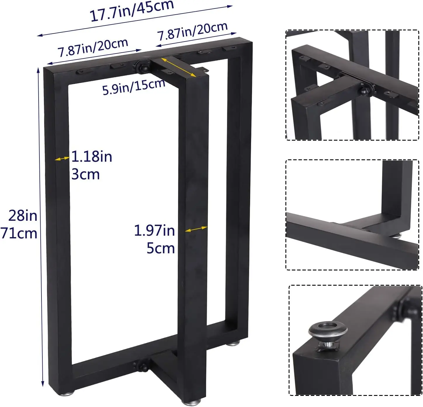 28-Inch High 18-Inch Wide Heavy-Duty Black Metal Table Legs Modern Industrial Style Rectangular Console Table Supports
