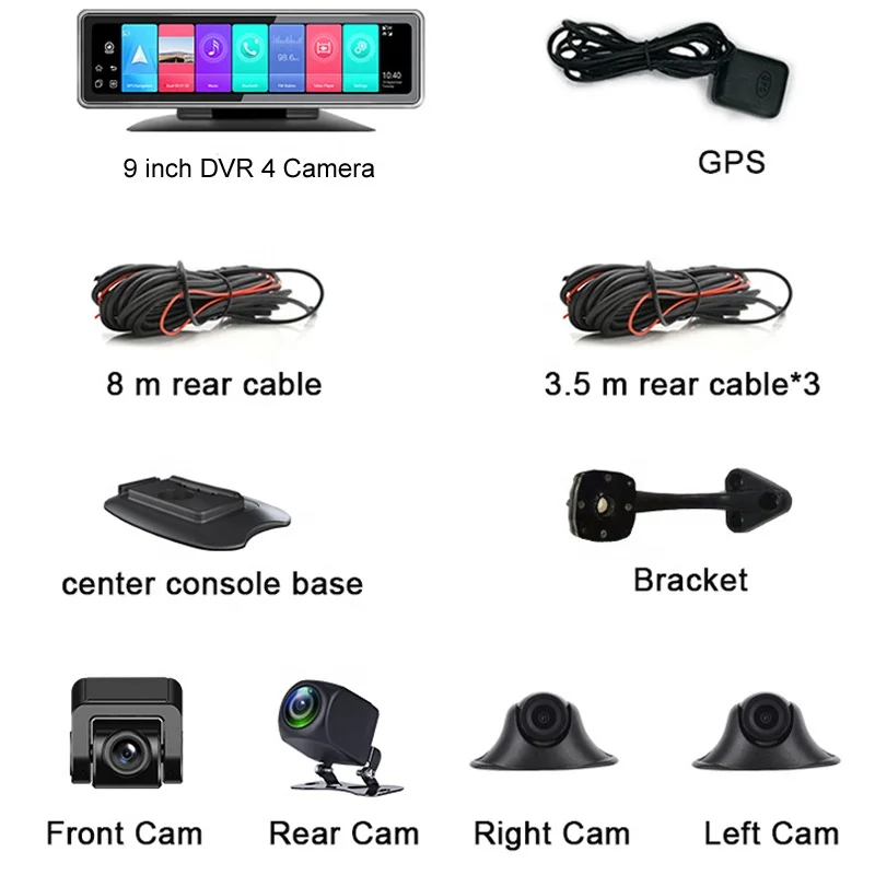 Dashboard WiFi Android 9.0 Display 4 channel 4G Car 360 degree camera mirror Dash Cam with GPS Navigation HD 720P Video Recorder