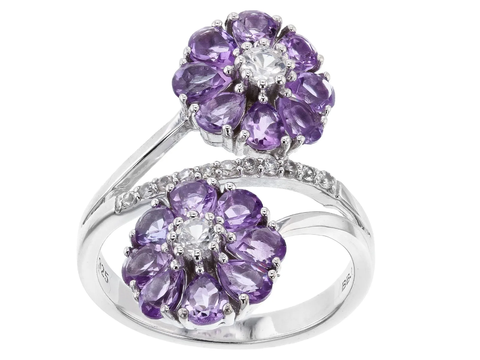 Purple Amethyst Flower Bypass Ring: Rhodium Over Sterling Silver | Exquisite Fine Jewelry | Elegant Design with Vibrant Sparkle