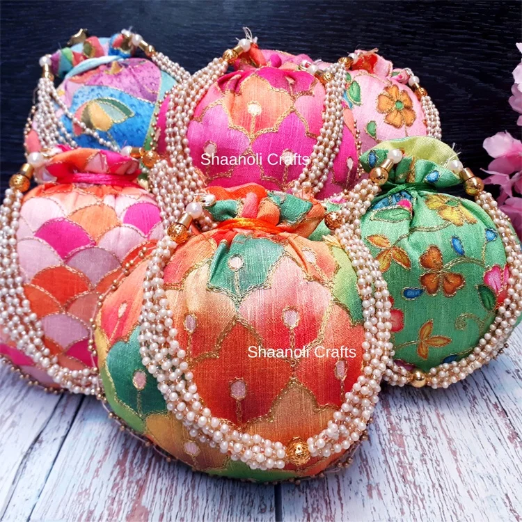 Multicolor Handmade Indian Potli Bags With Beads Handle  for Woman Wedding Return Gift Bags Wedding Favors Beautiful Hand Bags