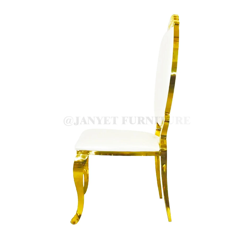 Оптовая продажа, роскошные золотые овальные металлические банкетные стулья для столовой, Штабелируемые Свадебные