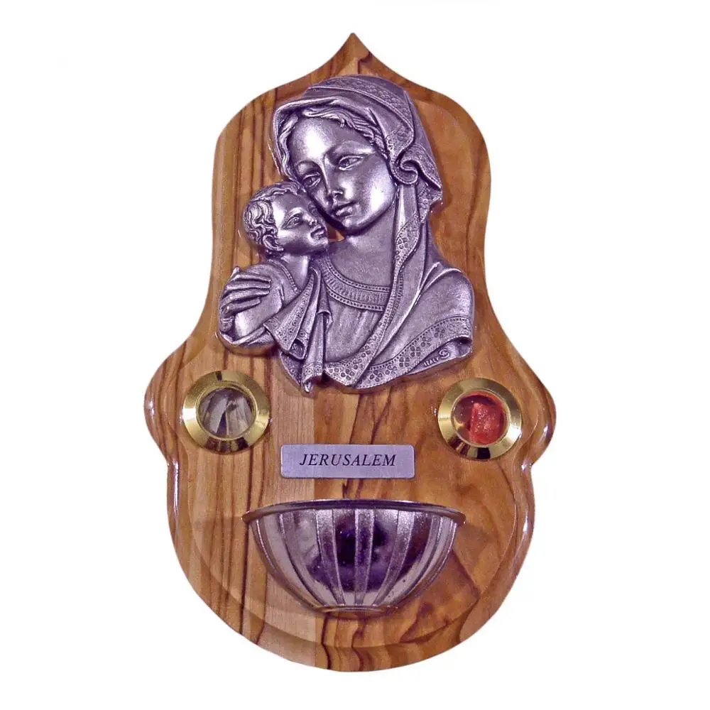 Olive Wood Plaque for Home Decor Hand-carved Virgin Mary and Baby Jesus with Holy Water Font Religious Style Model