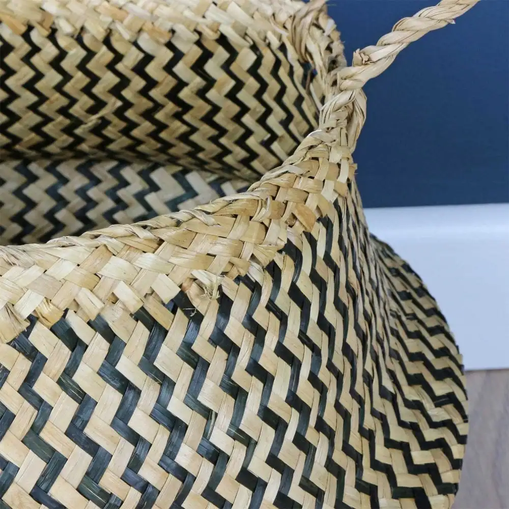 Ecofriendly hand woven seagrass storage baskets black zigzag belly foldable basket made in Vietnam
