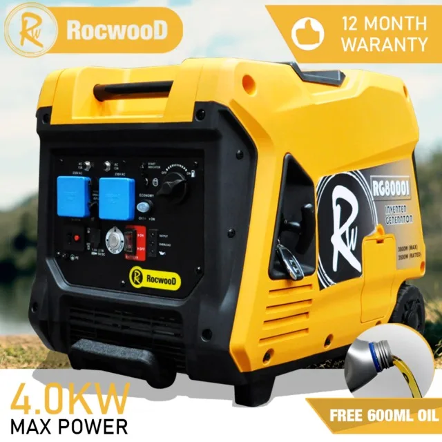 Inverter Generator Petrol 4000W Watts RocwooD Portable Camping