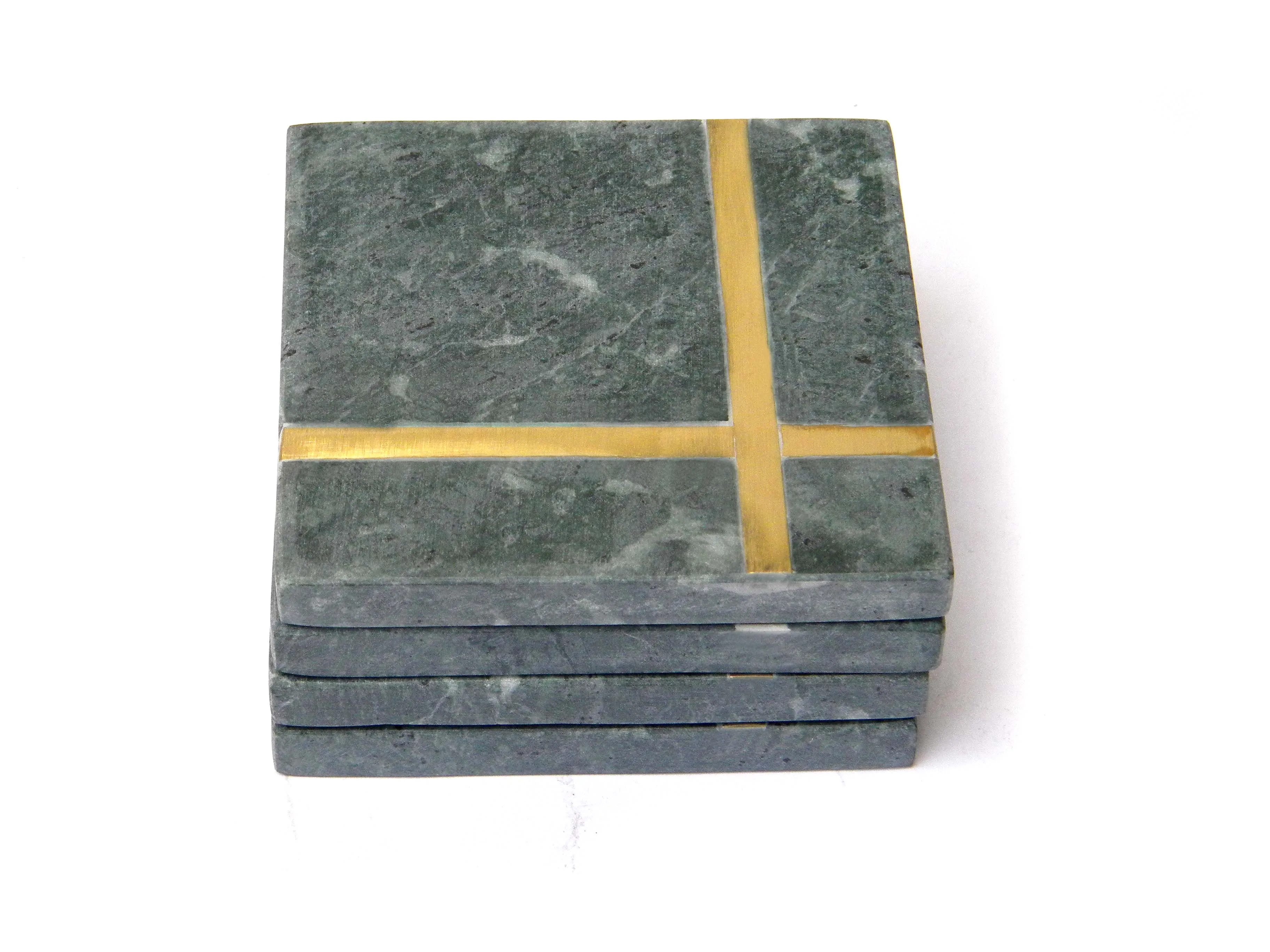 White natural marble Square coasters Pointed Edge Curve Edge stone mat set with gold brass inlay brass strip Green marble felt