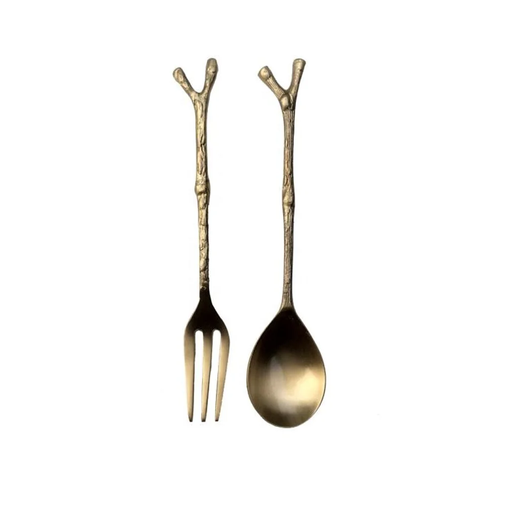 Stainless Steel Gold Polished Handmade Twisted Handle Kitchen Serving Spoon Set with Round Plain End