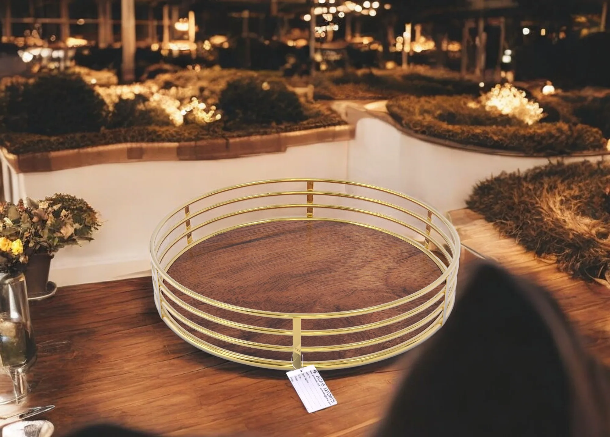 Natural Wooden Plate Base With Stainless Steel Gold Shiny Polished Tray For Serving Round Shape Serving Tray With Custom Size