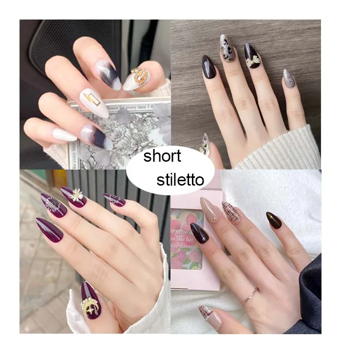 stiletto private label press on nails glue on fake nails set short rhinestones luxury artificial nails