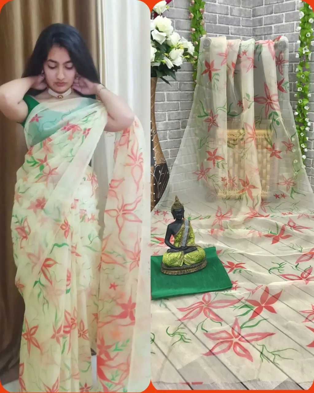 Indian Style Clothes Fancy Organza Silk Saree with Banglory Silk Plain Blouse Material Beautiful Digital Flower Printed Saree
