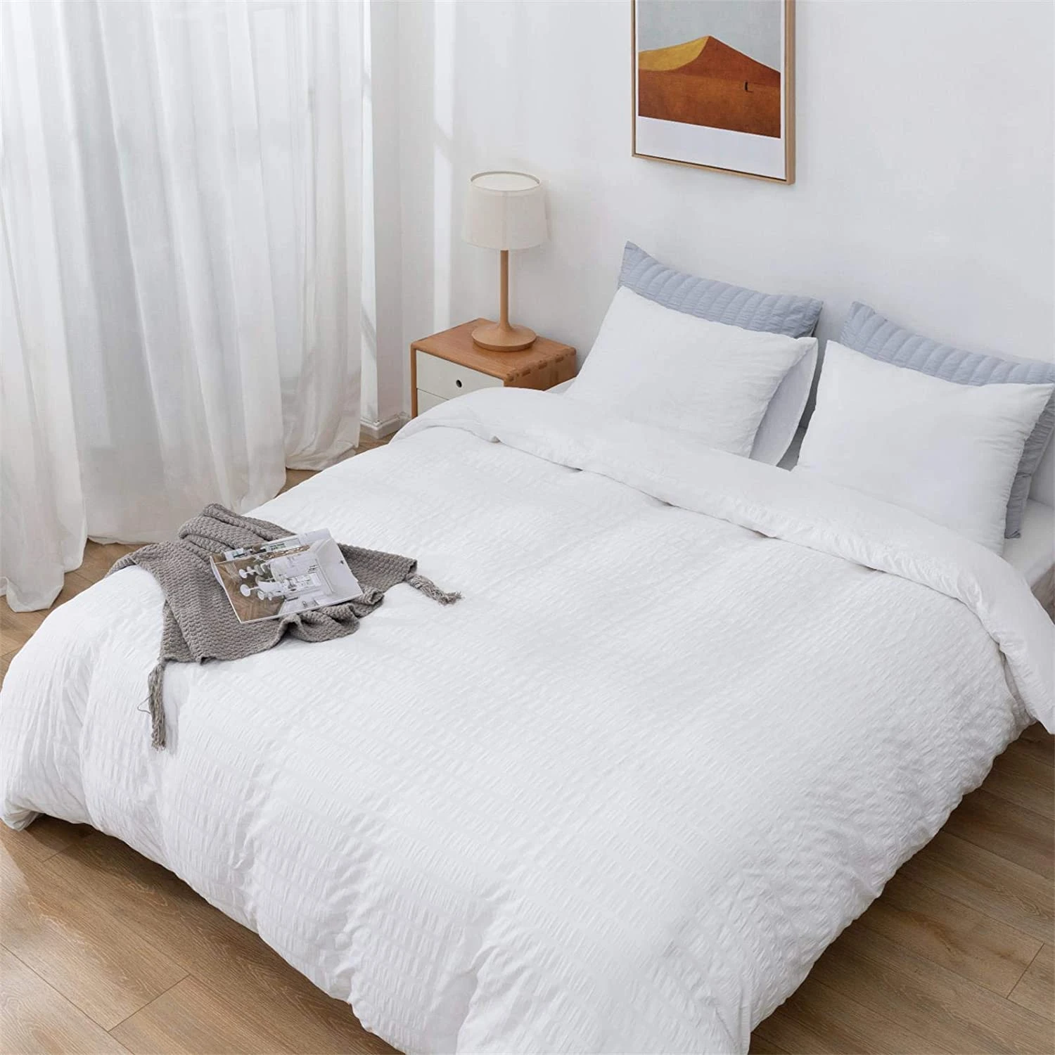 Soft Seersucker Stripe Washed White 3-Piece Microfiber Bedding Duvet Cover Set Woven Plain Comforter Cover with 2 Pillowcases