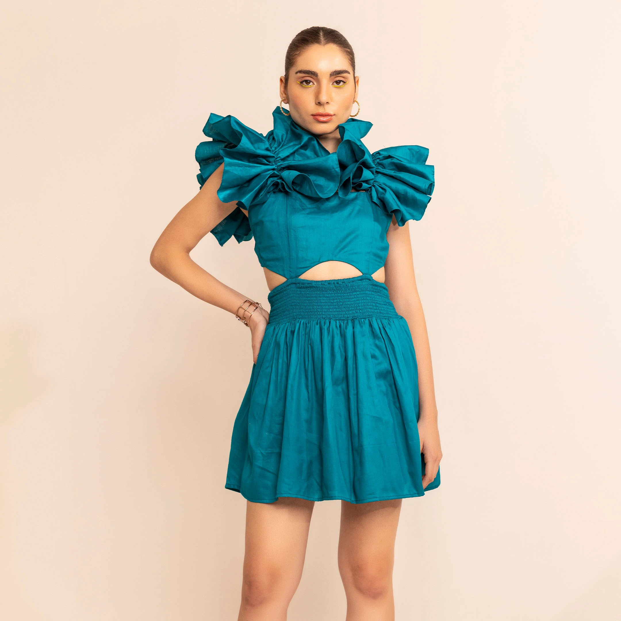 Aqua Splash Shoulder Ruffle With Front Waist Cut Out Skater Dress Fitted One Piece Stylish Comfortable Perfect Office Wear