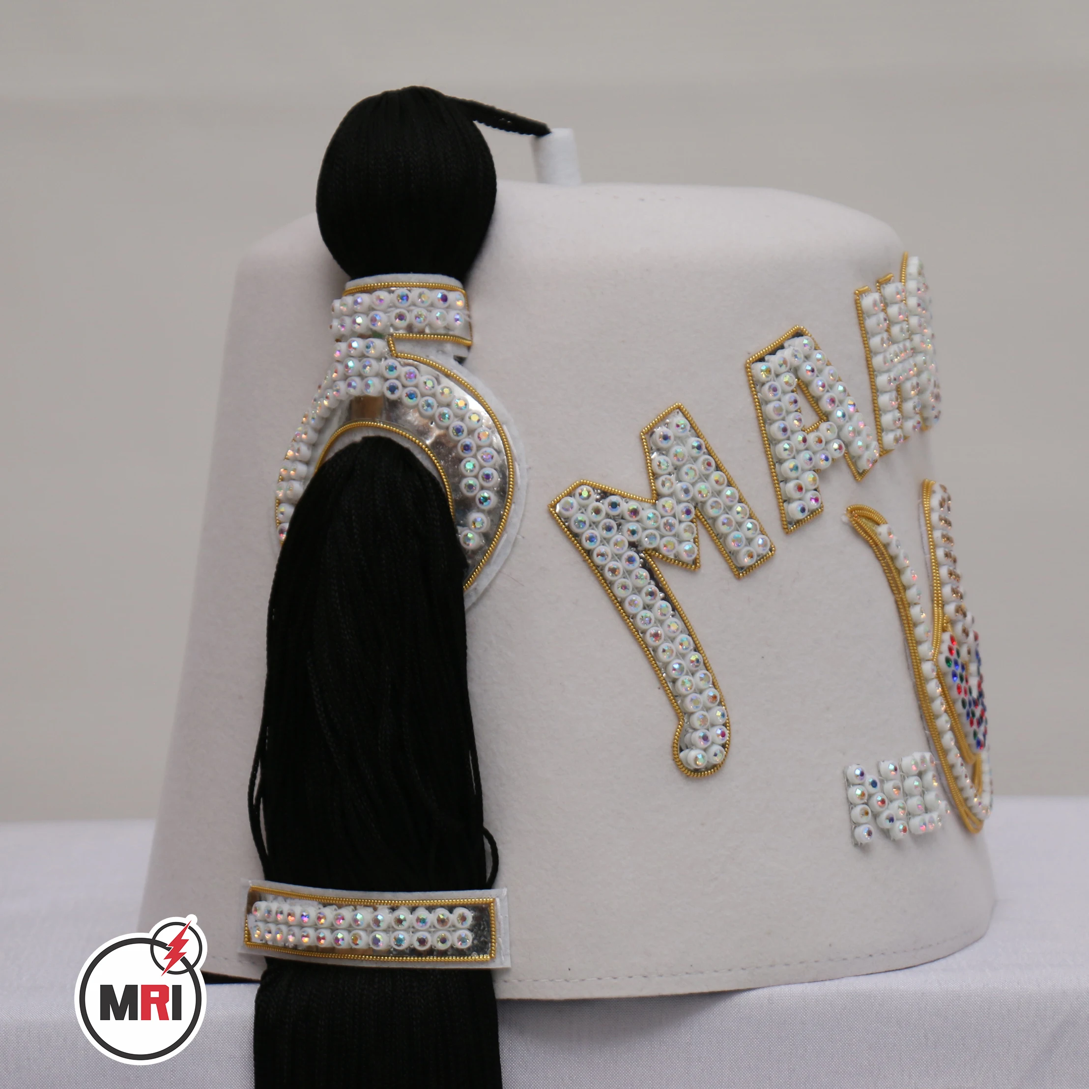 DOI MAHOMET Fez Golden Bullion Two Rows White Fezzes Hand Embroidered Custom Court and Number 2 Two Rows White Fez