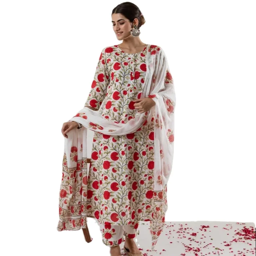 Red Hibiscus Garden Suit Set Indian Fashion Styling High End Quality Kurti and Pants from Indian Manufacturer