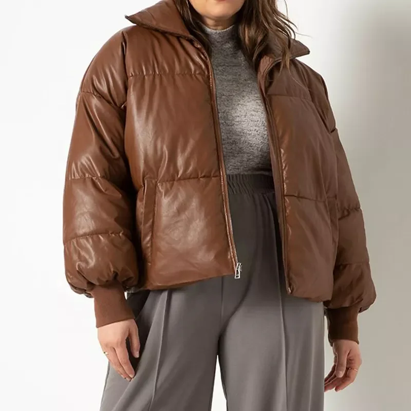 2022 Oem Puff Oversized Pu Brown Cropped Down Padded Faux Wholesale Leather Custom Logo Bubble Plus Size Puffer Jacket Women