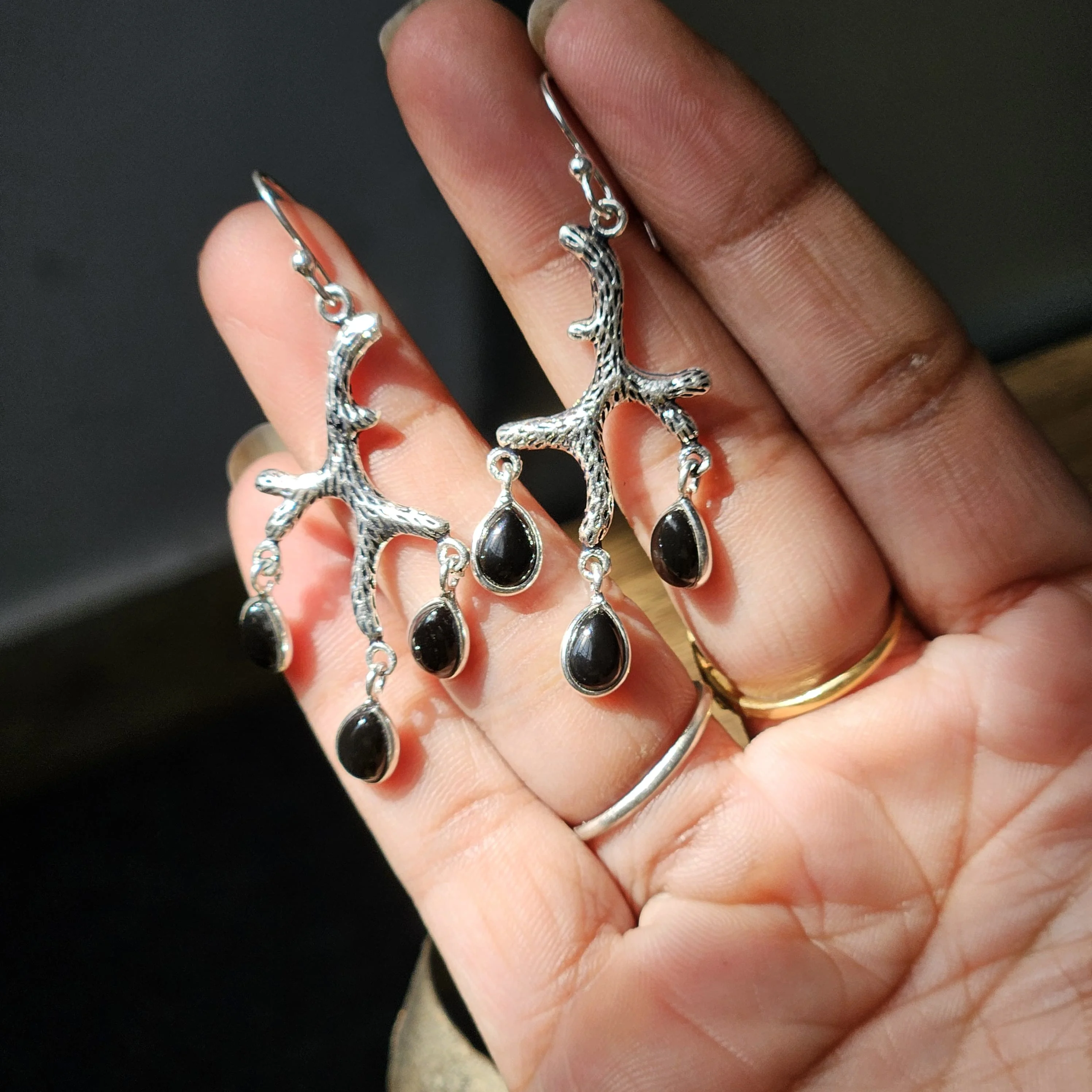 Black onyx  silver earring branch design silver oxidized earring affordable price silver earring