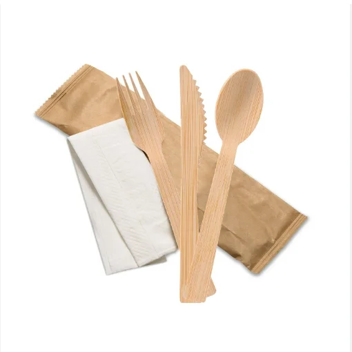 Customized Biodegradable Disposable Bamboo Spoon Eco Bamboo Material Cutlery Set with Napkin