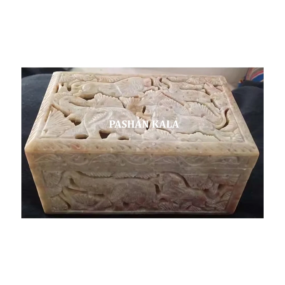Natural Soapstone Indian Handmade Elephant Design Carving jewelry Packaging Box For High Class Finishing Wedding Gift Purpose
