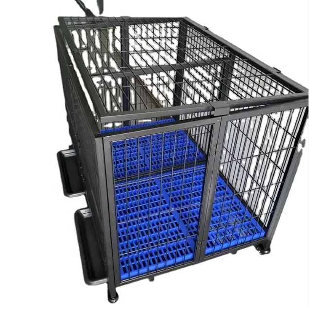 Stainless Dog Cages With Wheels, Foldable Strong Stainless Steel Large Dog Cage Metal Dog Kennel