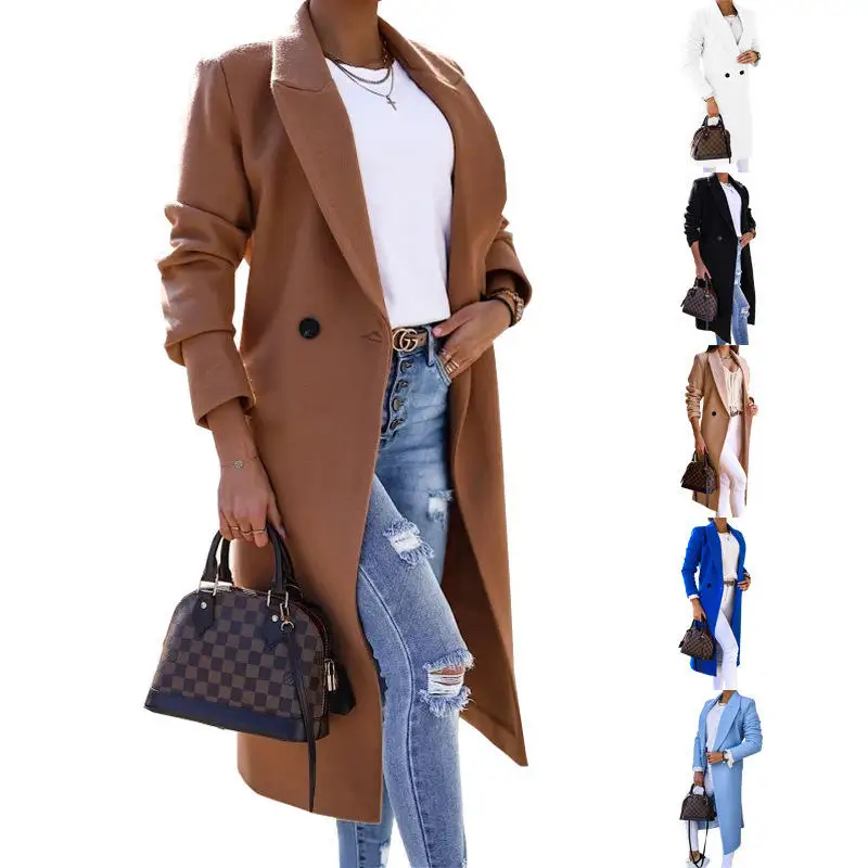 Wholesale Women Winter Woolen Long Coat Lapel Solid Color Korean Style Button Cardigan Ladies Elegant Woolen Coat