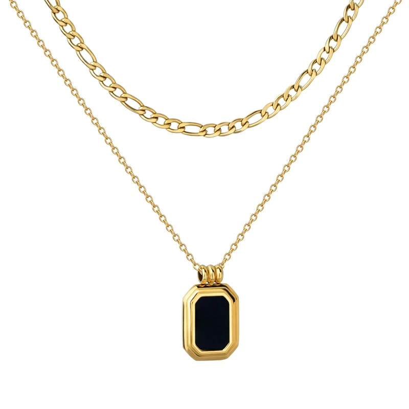 Square Black Pendant Necklaces Stainless Steel Stacked Layered Thick Cuban Necklace For Women