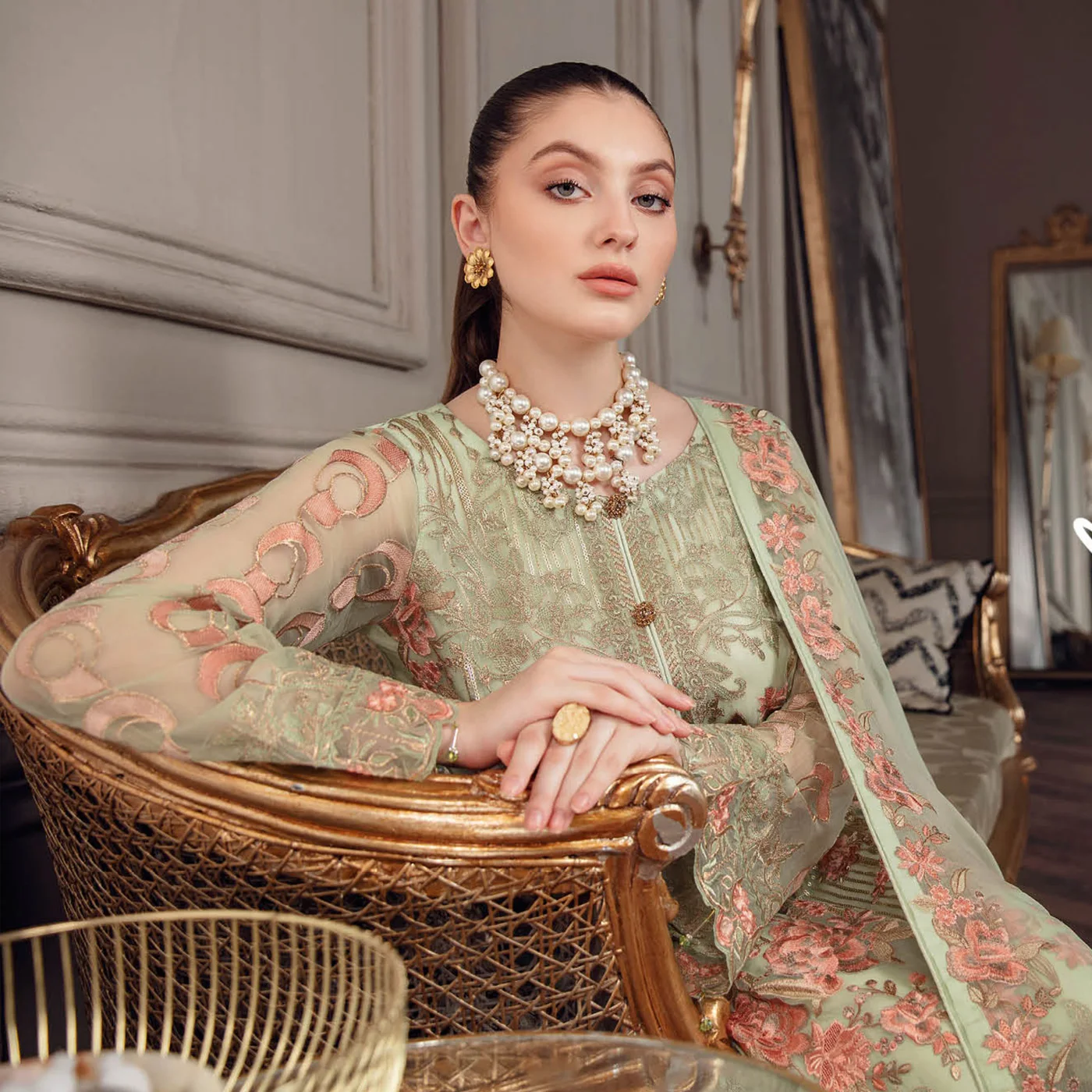 Ramsha Chiffon custom wedding dresses in Sea Green Color Over Front Fully Embroidery Net Dupatta & Silk Trouser