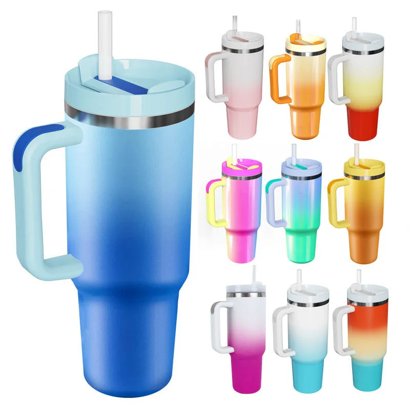 Gradient painting car cups portable handle cups vacuum insulated stainless steel 40 oz tumbler straw lid travel 40oz tumbler