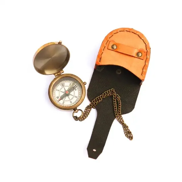 Best Quality Brass Pocket Compass With Leather Case for gift birthday gift Brass Push Pocket with  Button