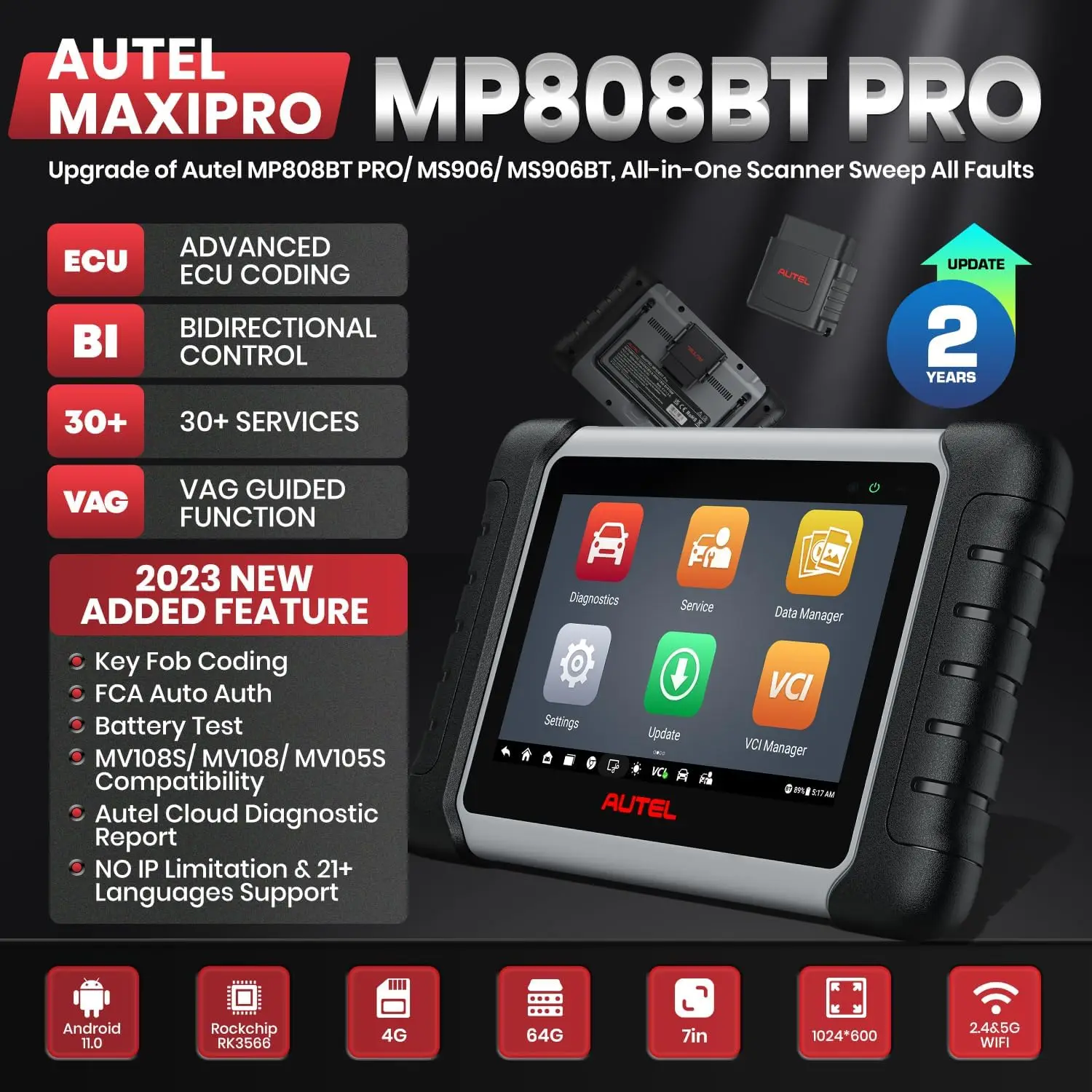 Buy Now Aut-l Maxi PRO MP808BT, 2023 Newest with 2-Year Update ECU Coding as MS906 PRO/ MS906BT, Bidirectional Scan Too