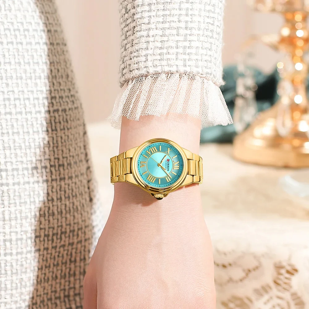 CURREN 9091 Romantic Charm Women Wristwatches Fashion Design Thin Quartz Watch with Luminous Hands Stainless Steel Bracelet