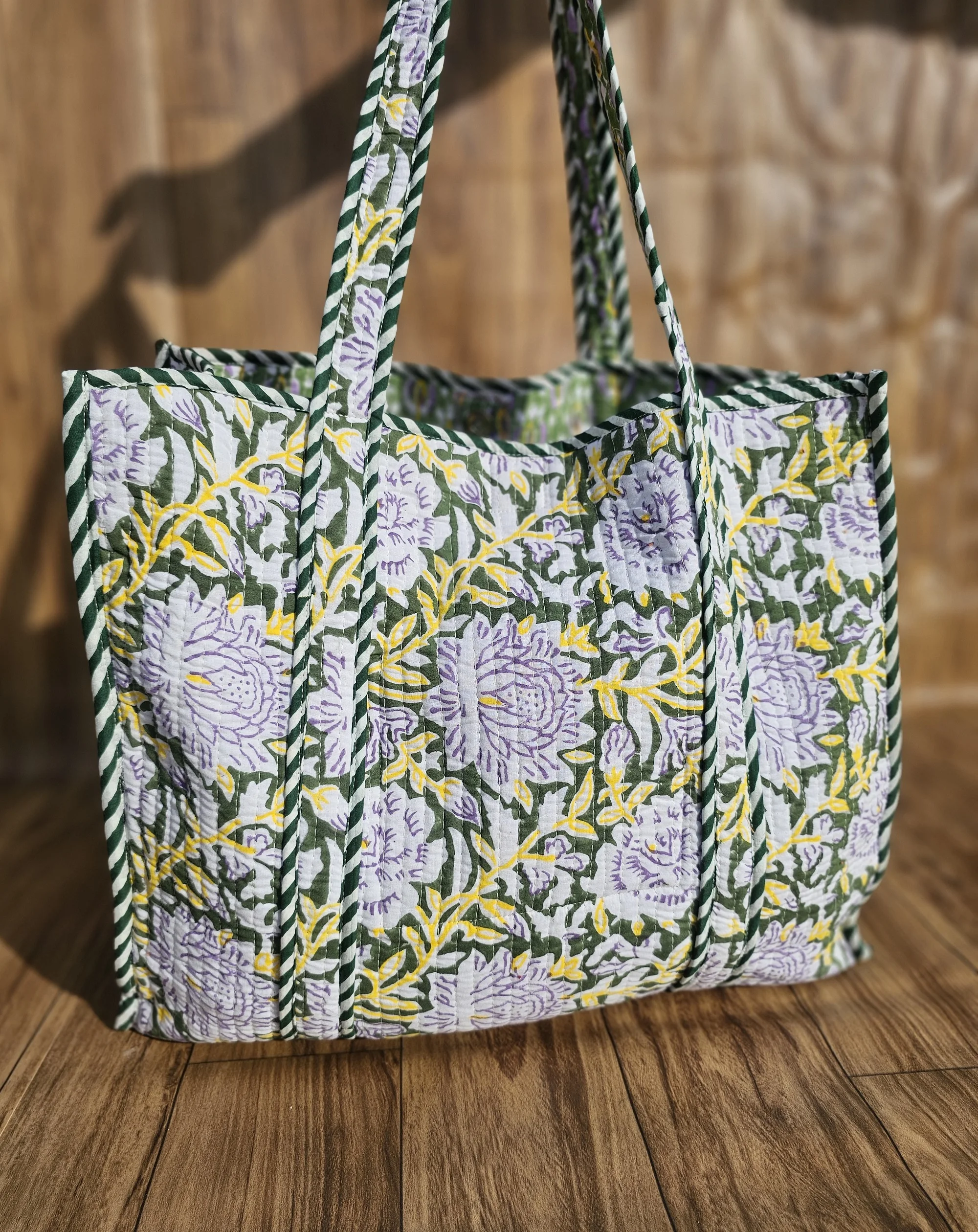 Customized Design Shoulder Beach Bag Hand Block Cotton Large Quilted Floral Print Green White Quilted Tote Bag Shoulder Bag