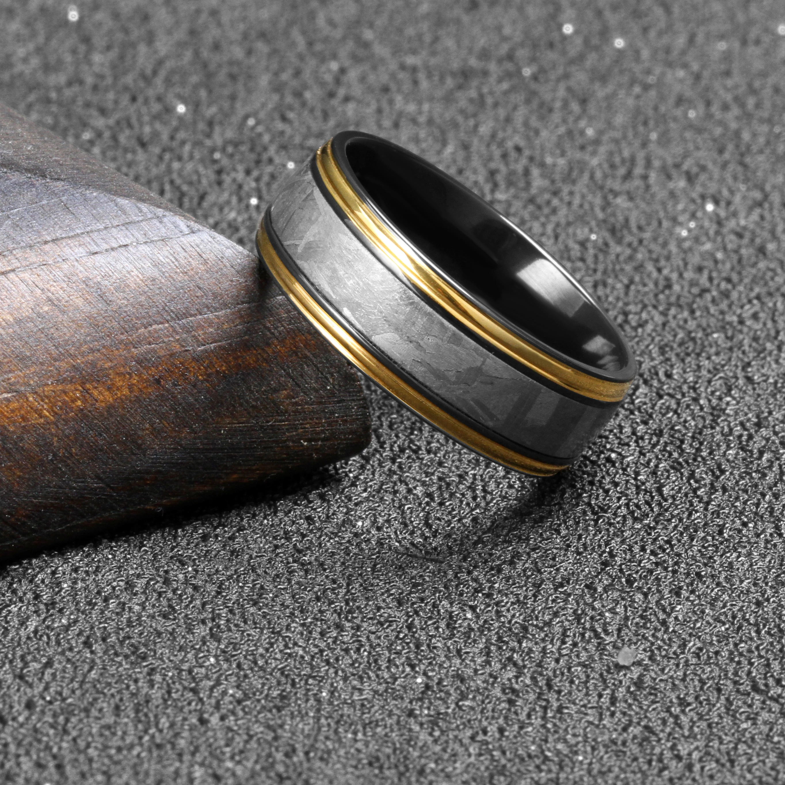 Custom Meteorite Rings mens Fashion jewelry bague homme anillos hombre Plating gold black zirconium inlay meteorite ring for men
