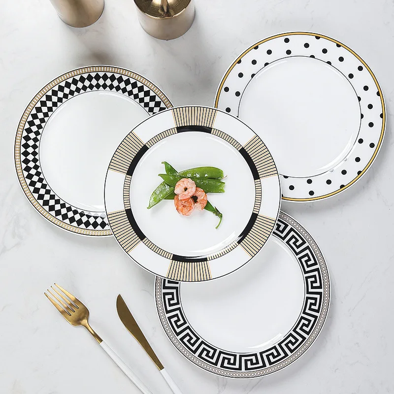 European Luxury Home Wedding Party Fine Dining Bone China Geometric Pattern Dinnerware Tableware Flatware Bowl Dishes & Plates