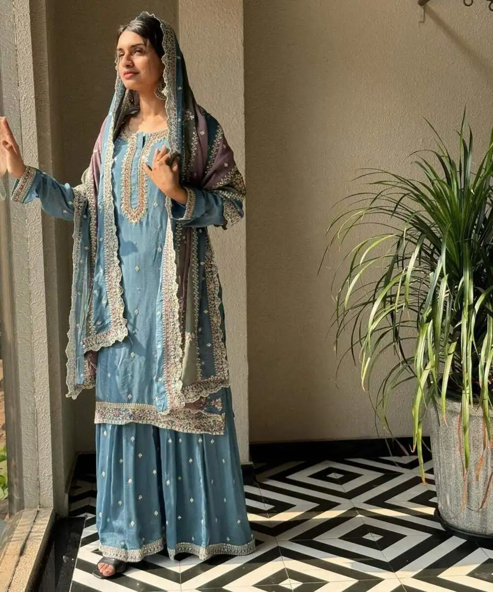 Fashion-forward Office Wear Linen Kurti Pant Set with Contemporary Geometric Patterns and Stone Work Sharara Set with Glamorous
