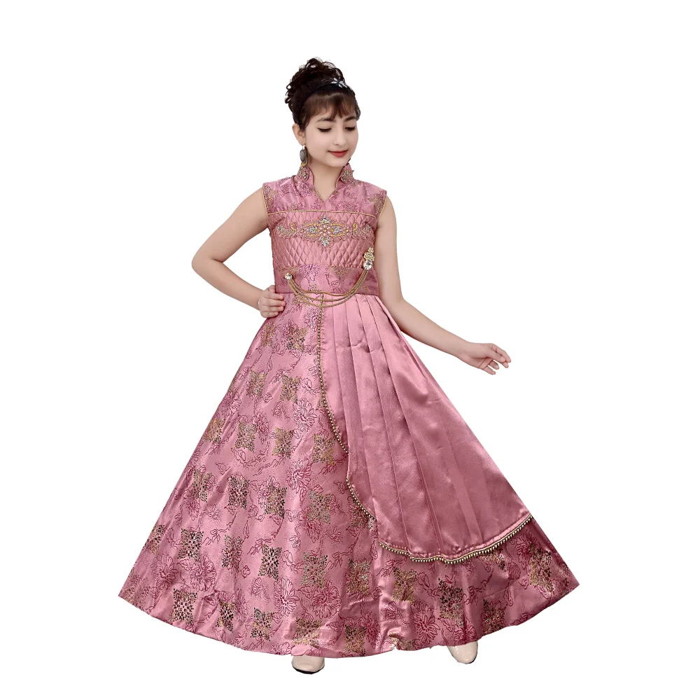 Best Quality Silk Satin Floral Print Long Maxi Gown Dress Girls 4-11 Years Sleeveless Party Spring Most Children Clothing