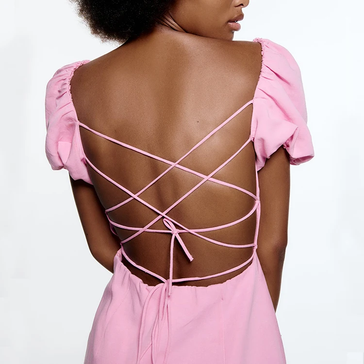 Hot Sale Women Balloon Sleeves Mini Dress Sexy Backless Cross Club Dresses