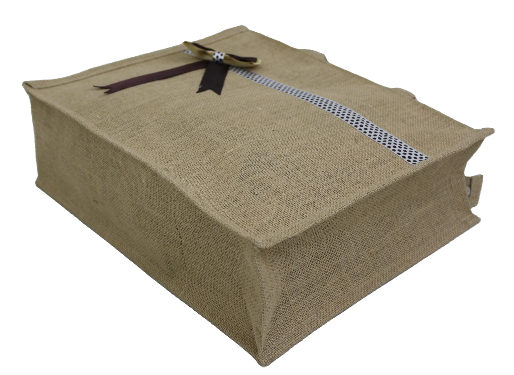 Zip Closure Designer decorative Satin Bow work PP Laminated Natural Jute Tote Gift Bag with padded Rope Handle