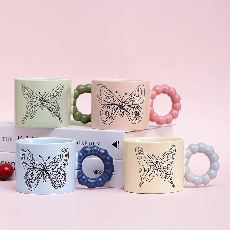 300ml Creative Nordic Ceramic Butterfly Pattern Mug Coffee Milk Cup for Girls Couples Pearl Ball Handle Gift Packaging Box