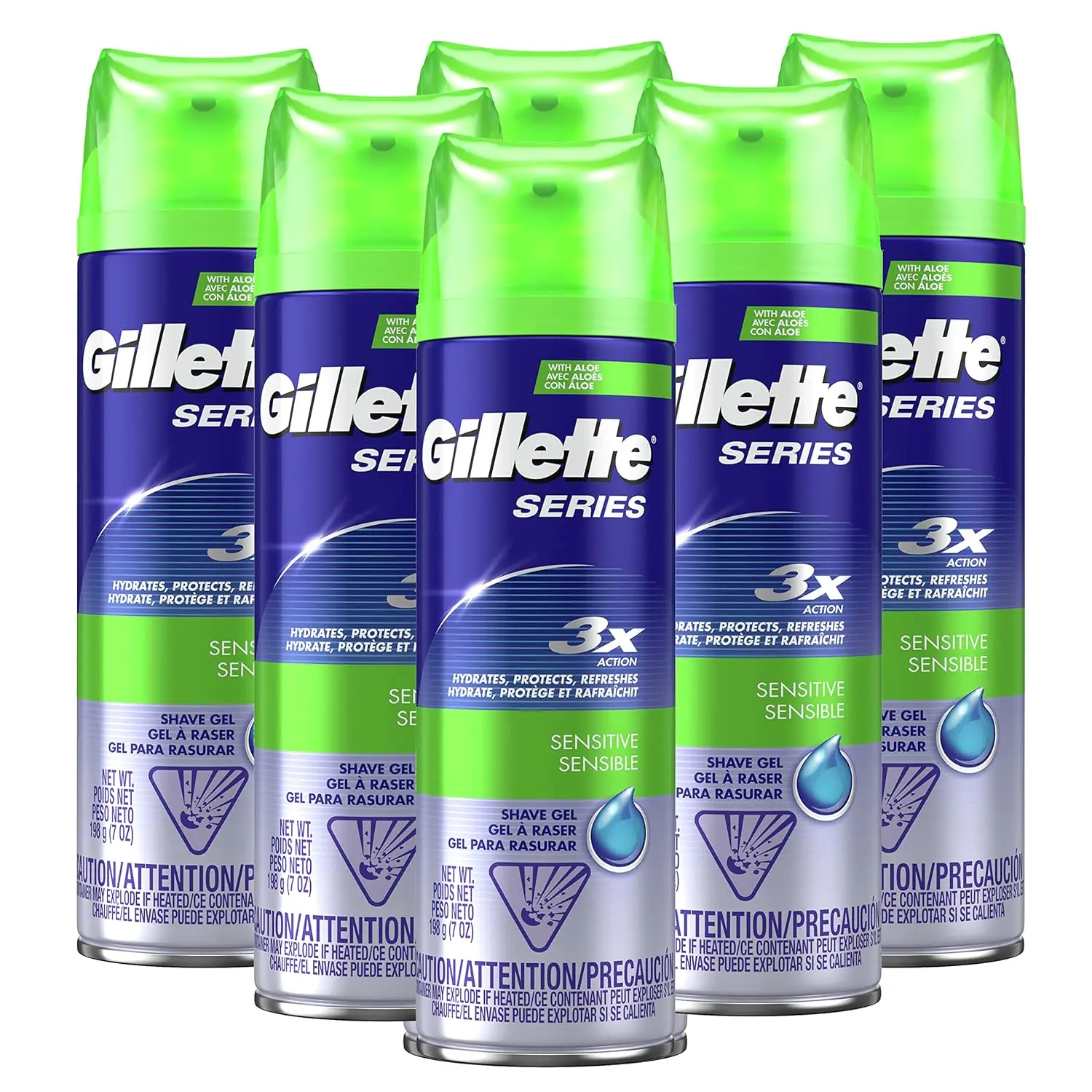 Gillette Series 3X Moisturizing Shave Gel, 6 Count, 7oz Each, Lubrication to Protect Against Irritation, Blue-White, 7oz