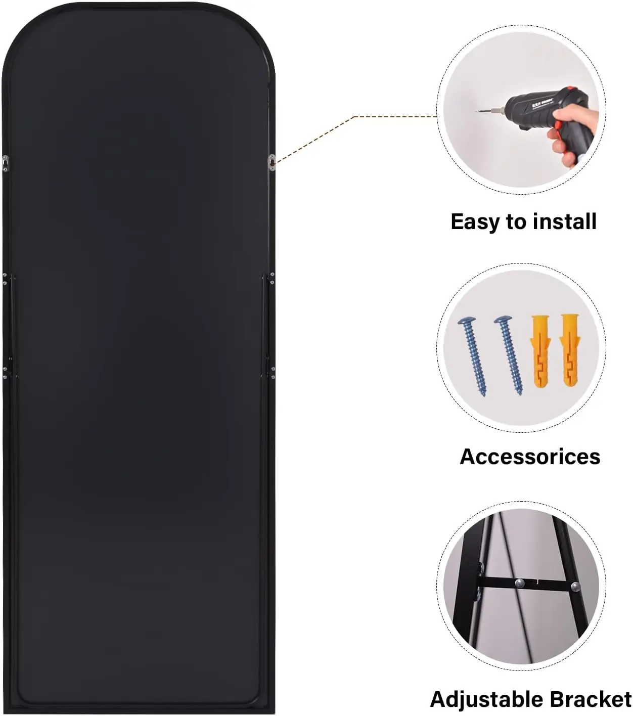 Black full body mirror with round aluminum frame hanging or tilted wall and floor mirror, with bracket, suitable for living room