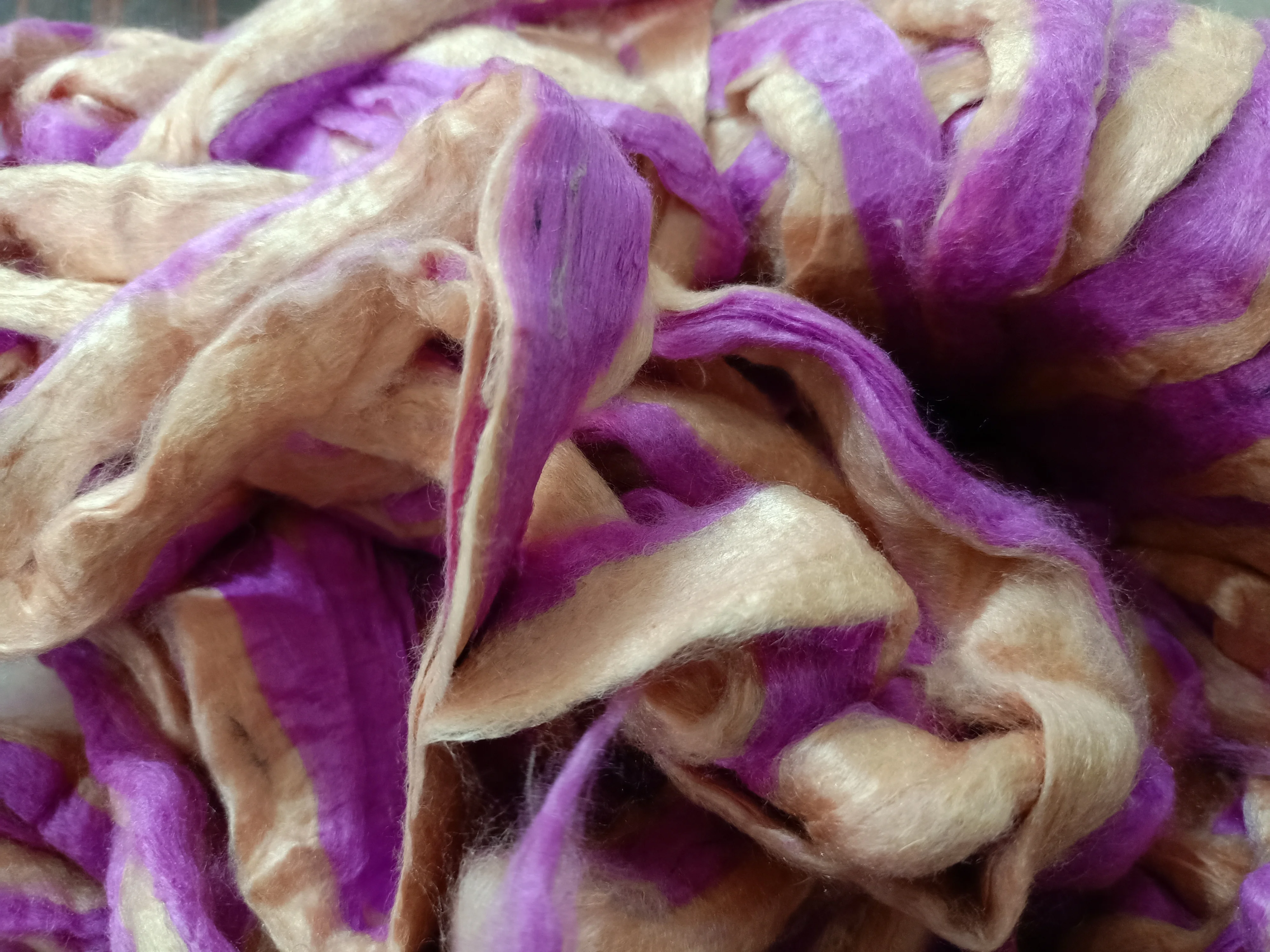 custom made sari silk sliver in two tone shades of purple and cream ideal for yarn and fiber stores suitable for felting