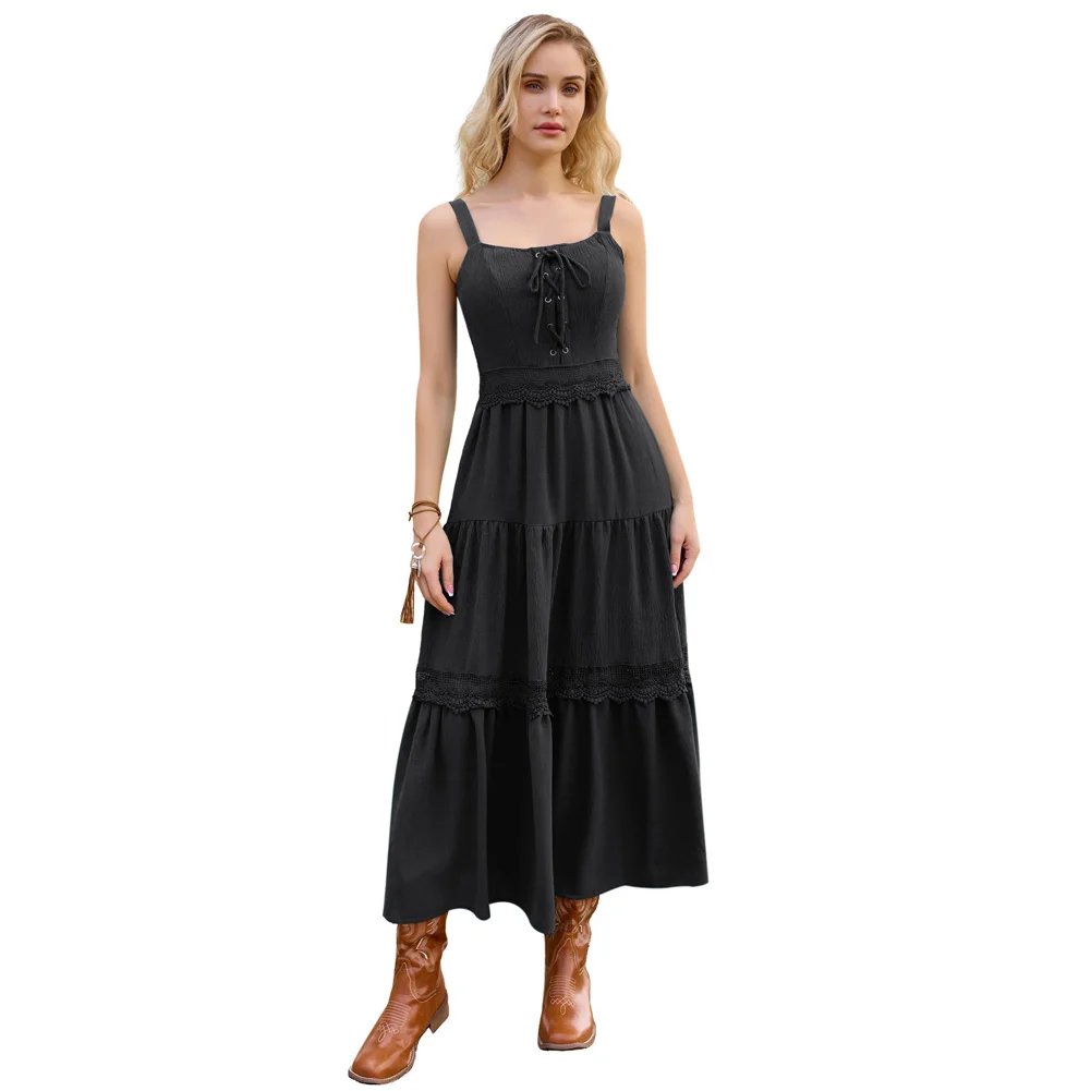 Wholesale Hollowed-out Waist Dress Square Neck Tiered Maxi Women Medieval Renaissance Dress to Impress Costume